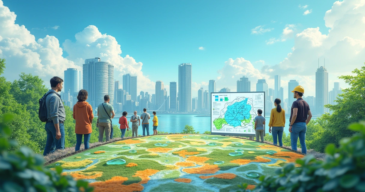 Ilustração mostrando geoprocessamento para preservação ambiental com mapa digital e fauna ao redor e a cidade ao redor