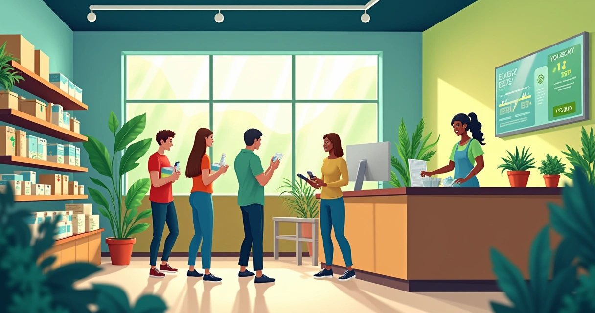 Área de checkout movimentada com máquina de autoatendimento e clientes usando dispositivos móveis.