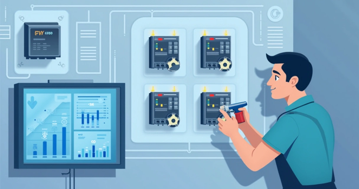 Técnico instalando relés de estado sólido em painel de controle industrial, com monitor exibindo gráficos de desempenho e eficiência energética.