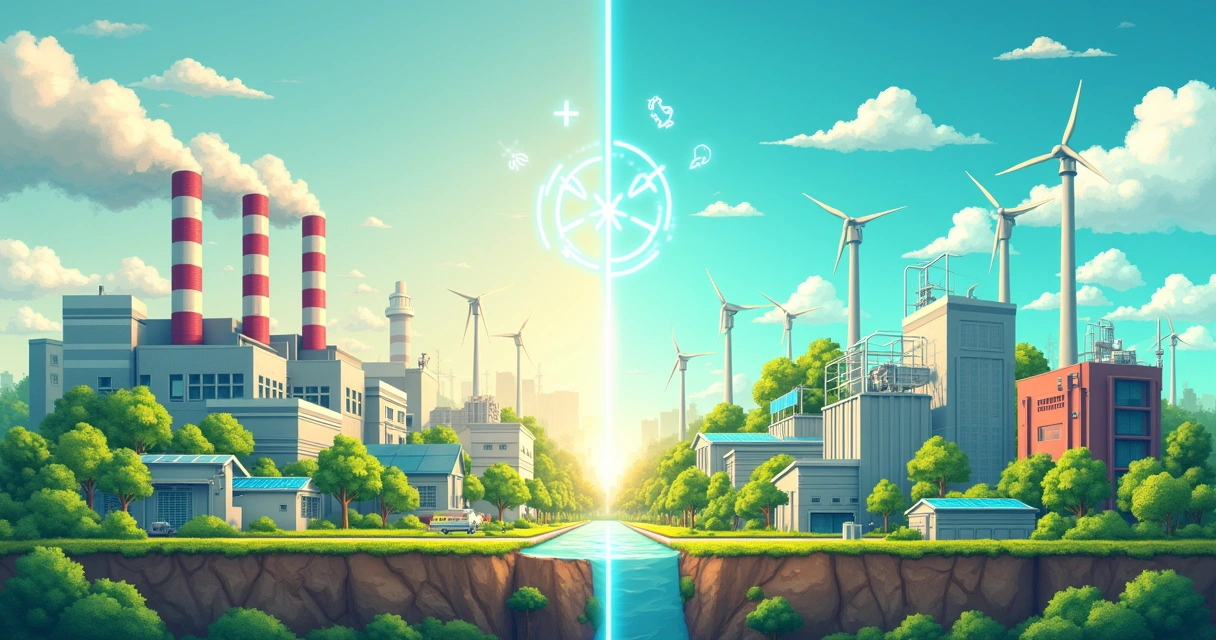 Ilustração mostrando o impacto dos SSRs na sustentabilidade industrial, fábrica verde e limpa ao lado de uma fábrica poluente.