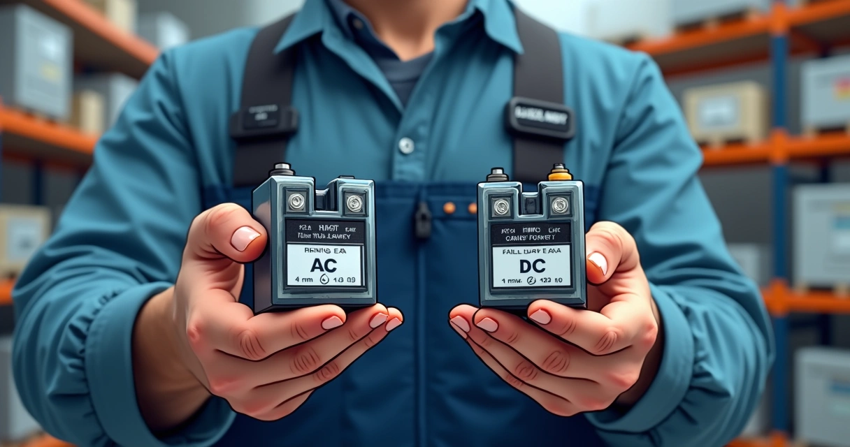 Diferentes relés de estado sólido AC e DC posicionados sobre mesa técnica com equipamentos industriais ao fundo