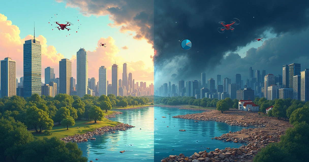 : Ilustração mostrando uma cidade moderna e áreas em risco de desastres naturais, com tecnologia em destaque.
