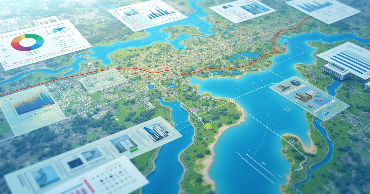 : Mapa digital com gráficos e indicadores monitorando recursos hídricos municipais