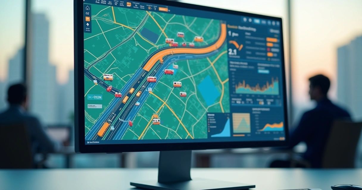 Mapa digital com rotas de transporte e indicadores de monitoramento em tela de computador