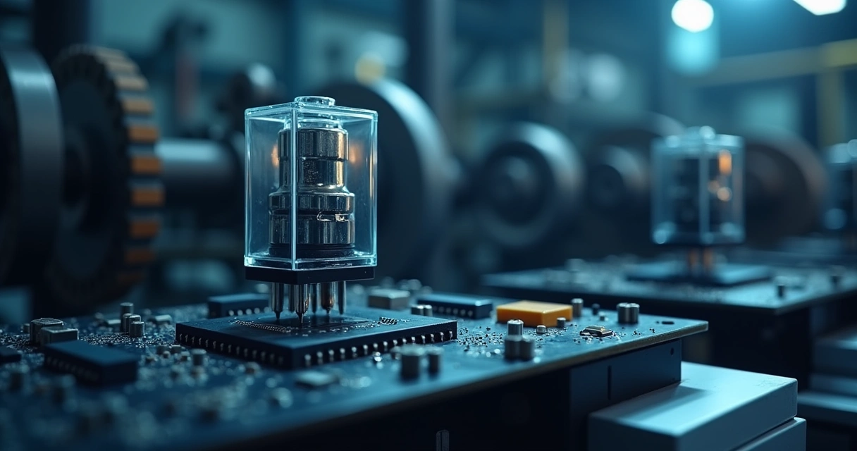 Relé de estado sólido em detalhe com circuito eletrônico ao fundo e engrenagens industriais iluminadas