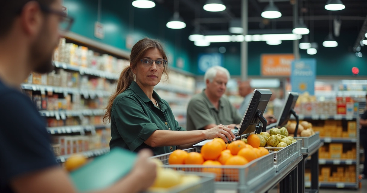 Esteira de checkout funcionando em caixa de supermercado com operador atendendo cliente e produtos em movimento