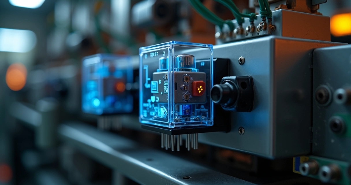 Relé de estado sólido instalado em máquina injetora de plástico, com iluminação azul e detalhes metálicos