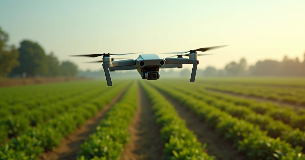 Drone em voo realizando aerolevantamento sobre área agrícola com imagem detalhada de vegetação e terreno