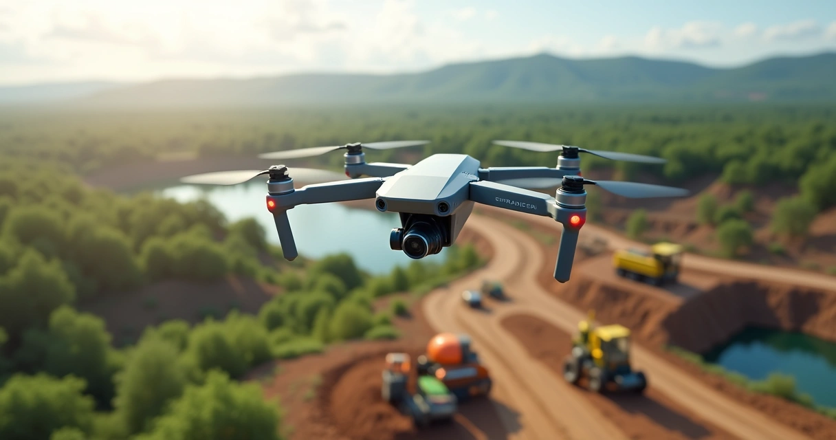 Drone realizando aerolevantamento em área de obra ambiental com sensores e equipamentos modernos