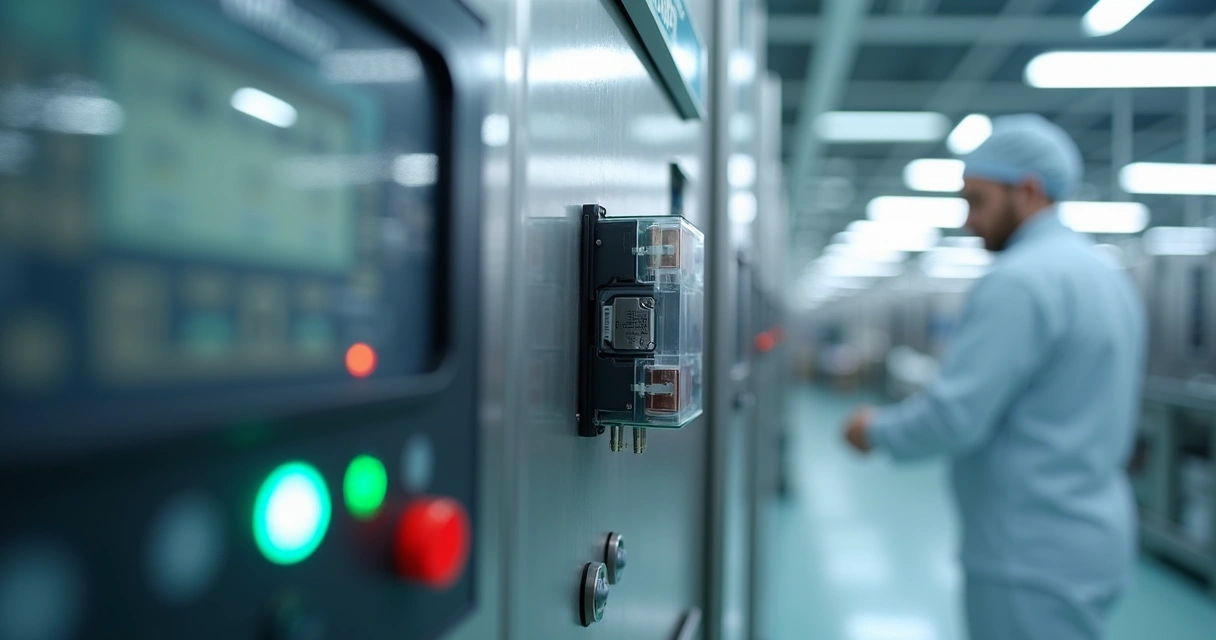 :Relé de estado sólido instalado em painel eletrônico de controle em ambiente farmacêutico limpo e organizado