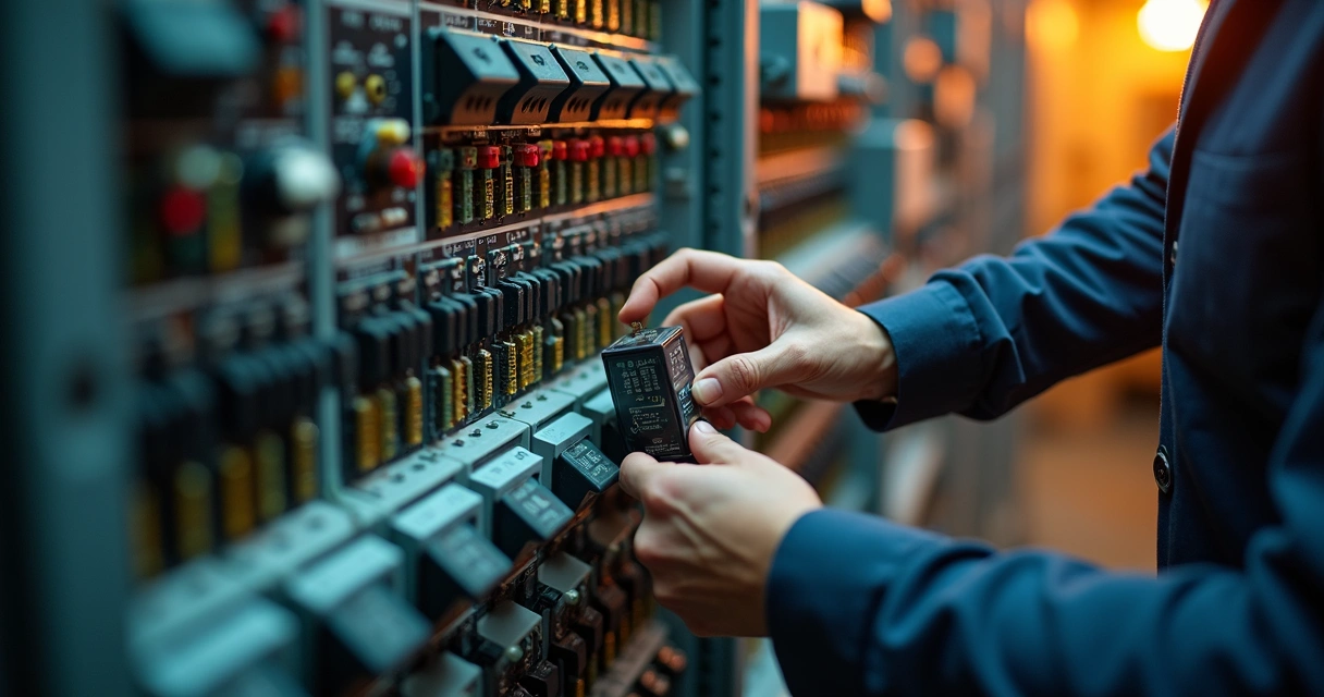 Relé de estado sólido industrial montado em painel elétrico com LEDs indicadores e conexões visíveis