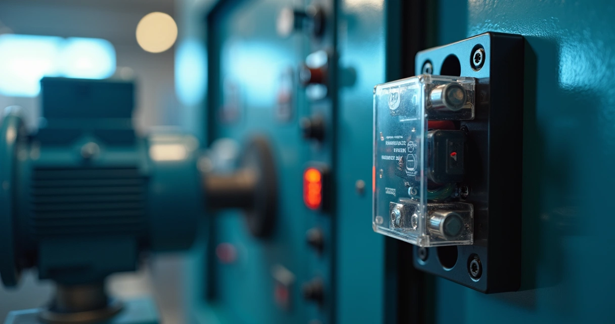 Relé de estado sólido instalado em painel elétrico com motor industrial ao fundo