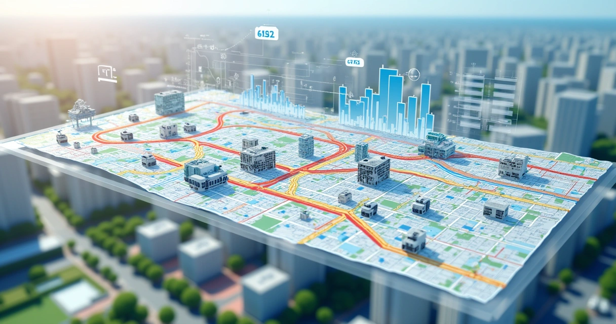 Mapa digital mostrando rede de transporte público com linhas, pontos de ônibus e áreas urbanas destacadas