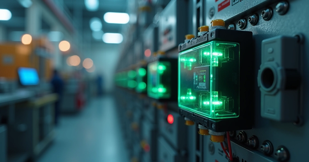 Relé de estado sólido instalado em painel elétrico industrial com luzes indicadoras acesas