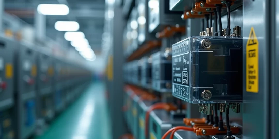 Relé de estado sólido instalado em painel elétrico industrial com cabos e componentes ao redor