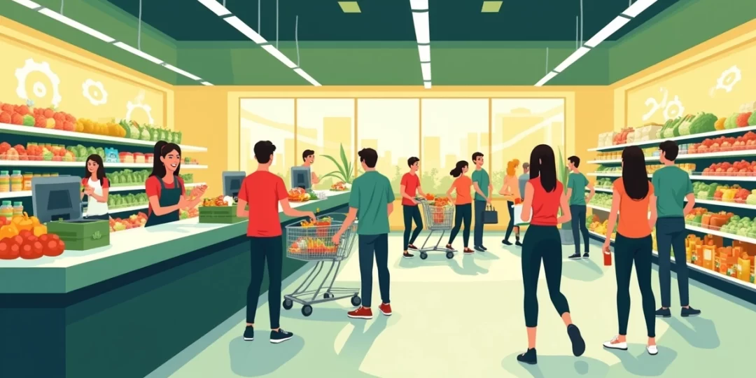 pessoas em um supermercado e algumas atendente passando as compras no checkout