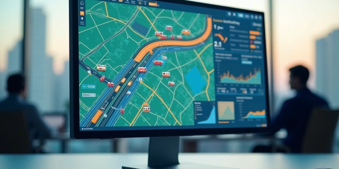 Mapa digital com rotas de transporte e indicadores de monitoramento em tela de computador