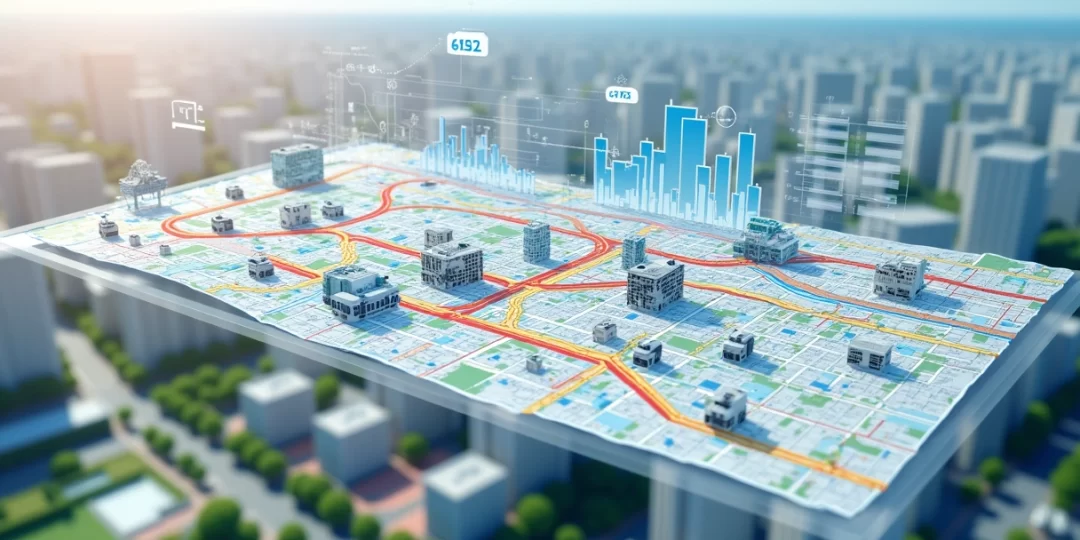 Mapa digital mostrando rede de transporte público com linhas, pontos de ônibus e áreas urbanas destacadas