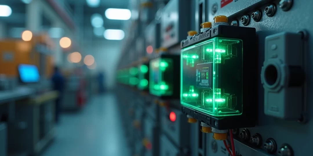 Relé de estado sólido instalado em painel elétrico industrial com luzes indicadoras acesas