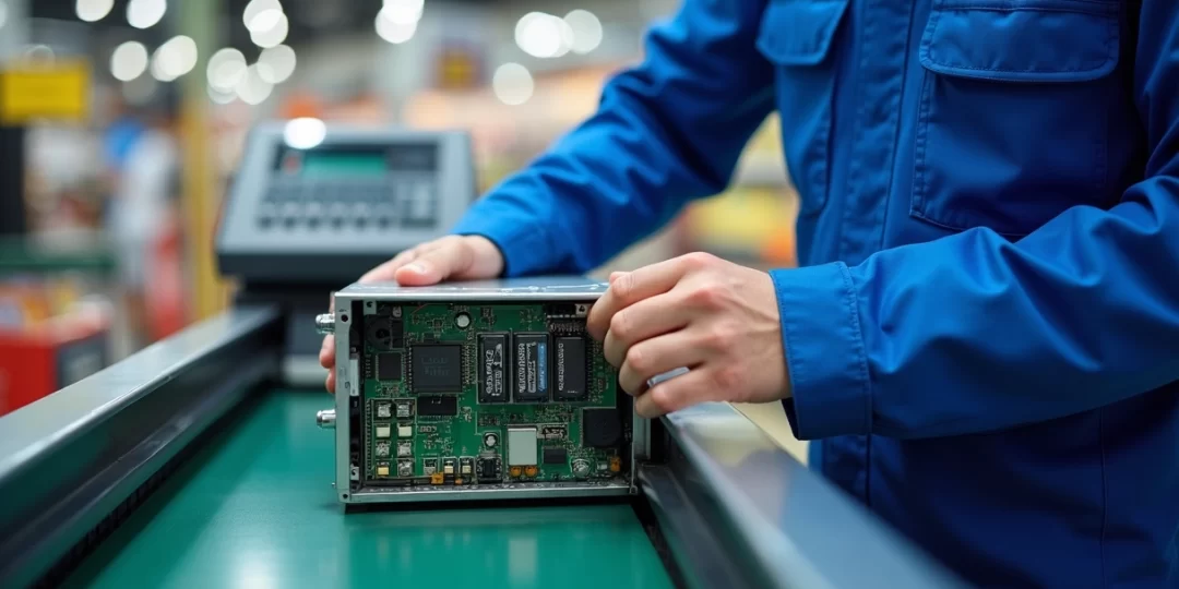 Esteira automática moderna em operação no caixa de supermercado com produtos sendo escaneados rapidamente